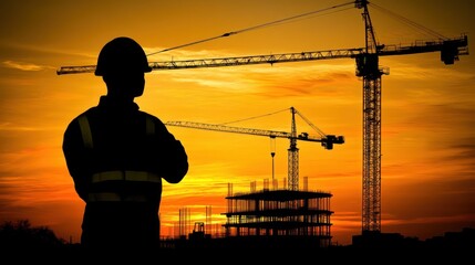 A silhouetted construction worker stands against a sunset with cranes in the background.