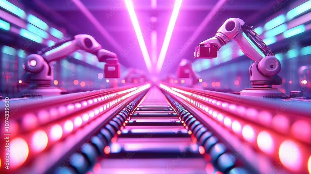 Poster Futuristic robotic assembly line with neon lights and automated arms.