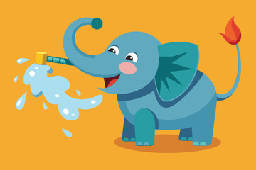 Obraz premium An elephant joyfully sprays water while playfully enjoying the flat terrain under the sun, Elephant playfully sprays water from trunk in flat illustration.