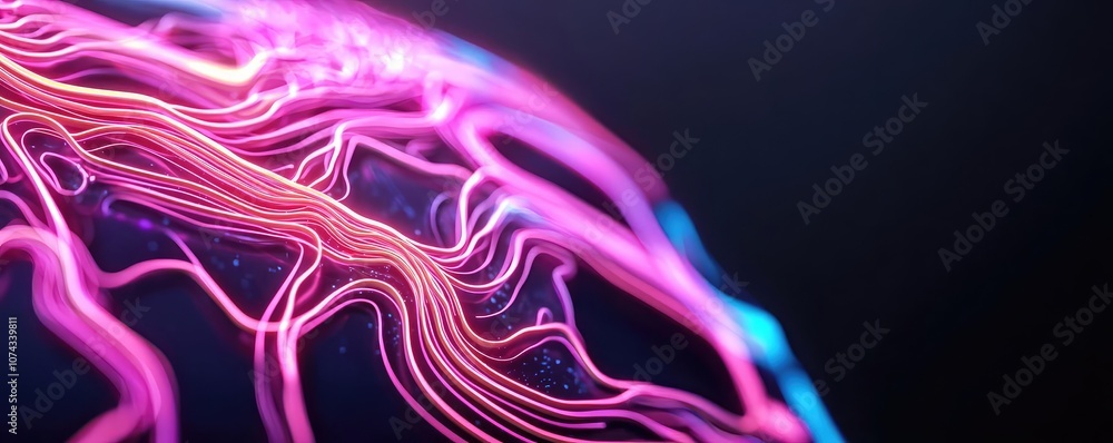 Poster abstract view of flowing neon lines on a dark background, vibrant colors, fluid motion
