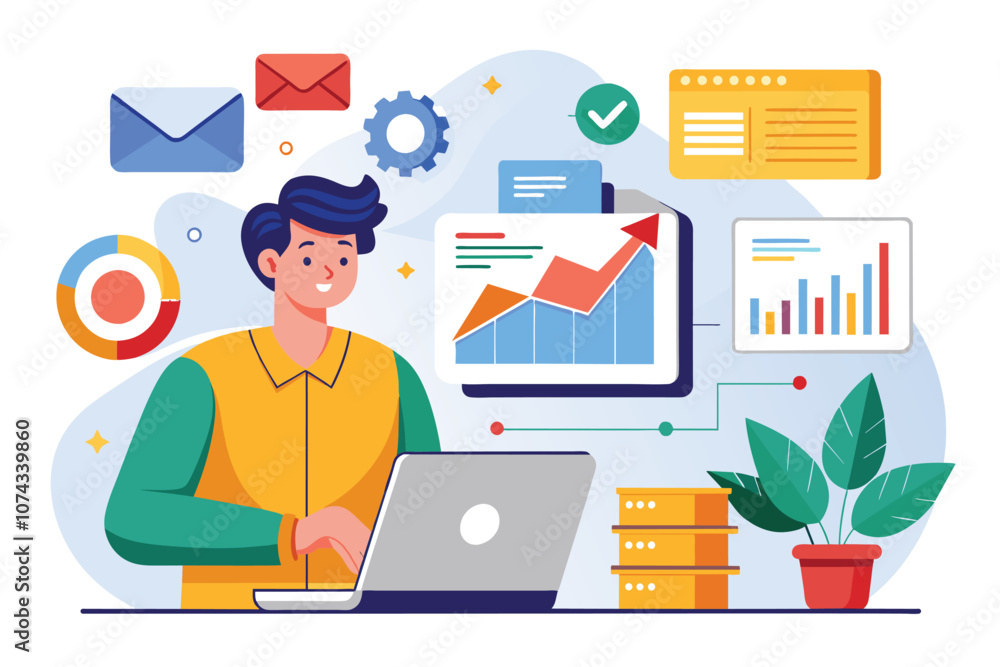 Poster a professional analyzes email data on a laptop, surrounded by charts and graphs displaying analytics