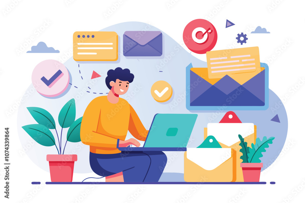 Poster a person is focused on sending emails while various digital notifications and envelopes surround the