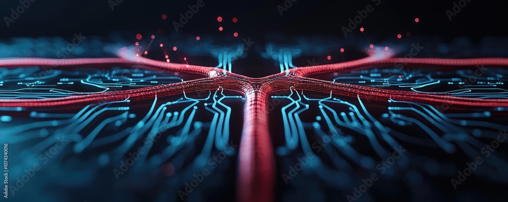 Poster abstract circuit board design with glowing blue lines and red highlights, dark background.