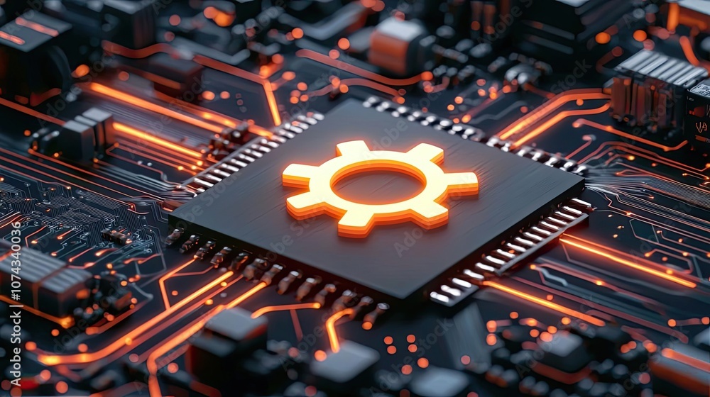 Poster Close-up of a circuit board with an illuminated gear symbol on the chip.