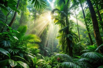 In a stunning rainforest, towering trees and a lush green canopy converge, creating an enchanting display of natureâ€™s beauty and the abundant biodiversity of this ecosystem.