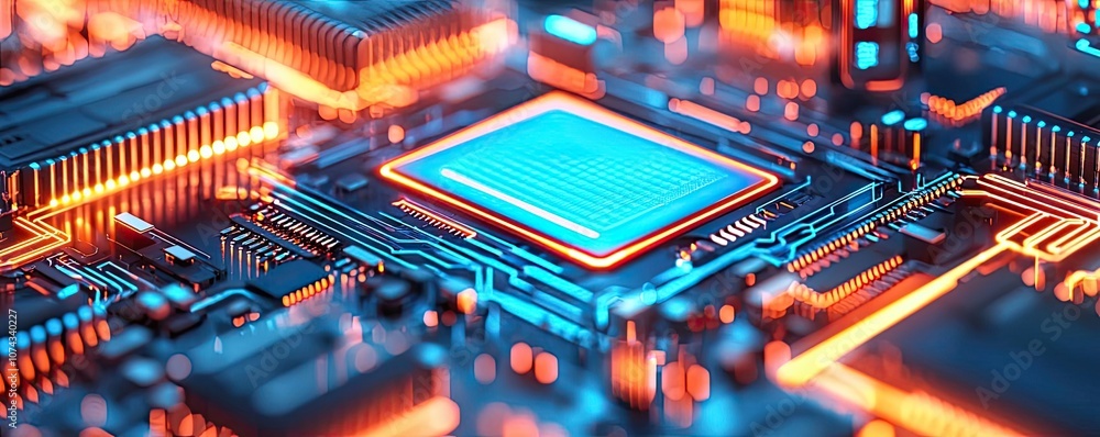 Poster Close-up of a futuristic circuit board with glowing elements and intricate details.