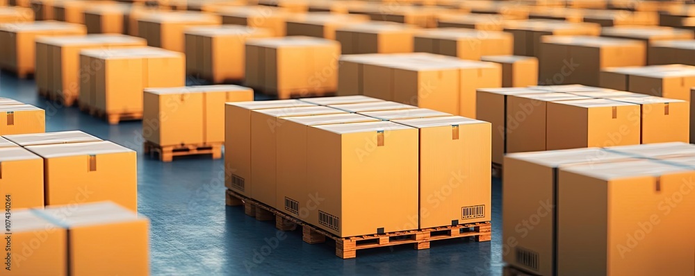 Poster boxes stacked on pallets in a warehouse, organized storage for efficient logistics.