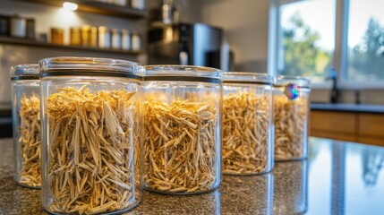 Organized jars filled with dried herbs in kitchen setting