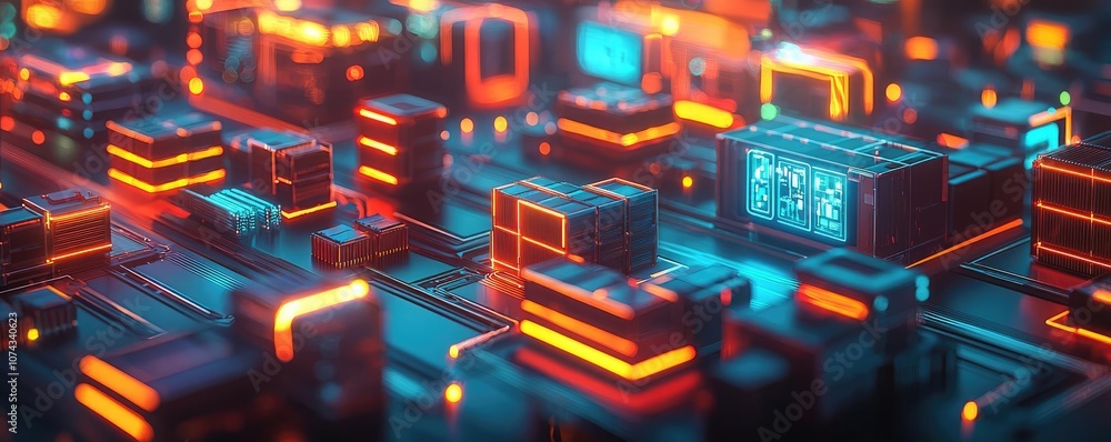 Poster futuristic circuit board with glowing elements and digital displays.