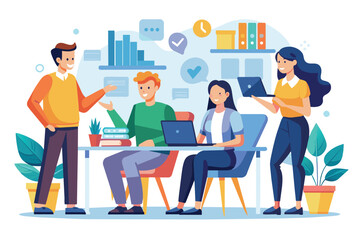 Obraz premium Four employees actively engage in work discussions around a table with laptops and notes, Employees discussing work, illustrated flatly.