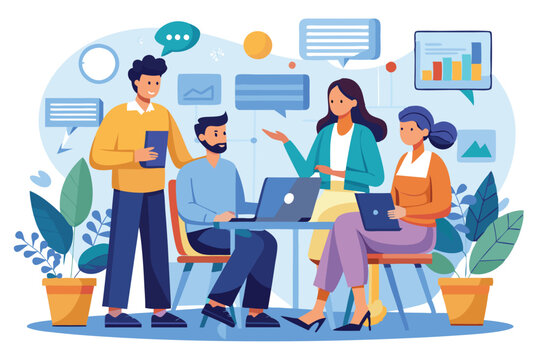 A group of employees focuses on discussing projects while utilizing laptops in a contemporary workspace, Employees discussing work, illustrated flatly.