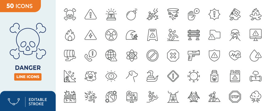 danger icon set. Contains such icons as Warning Sign, Danger, Alert, Accident, Risk, toxic, explosive, flammable and more. Outline Icon Collection. Vector illustration. Editable stroke	