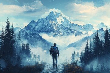 Serene mountain hike with colorful autumn landscape in the background