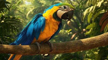 Fototapeta premium Colorful 3D Cartoon Parrot Perched on Branch