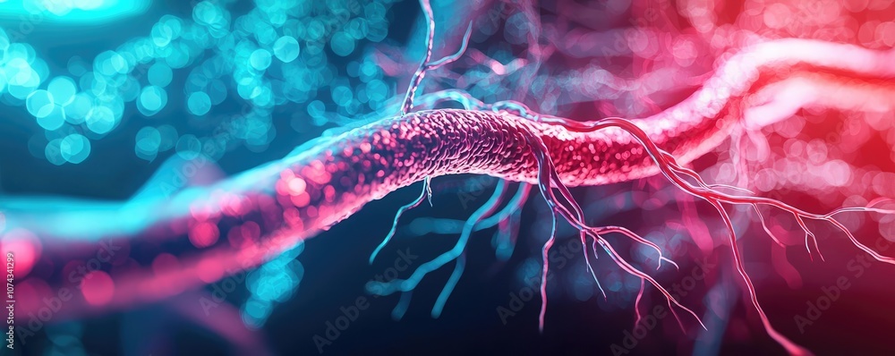 Poster colorful neuron structure with vibrant lights on a dark background.