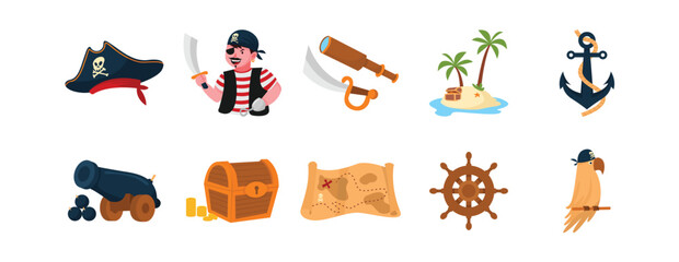 Cartoon Pirate Vector Set Featuring Treasure Map and Pirate Parrot
