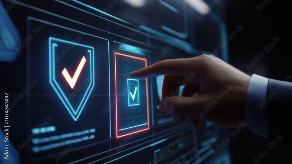 Poster a hand interacts with a digital interface featuring checkmarks and shield icons.