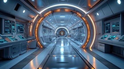 Futuristic corridor with glowing lights and control panels.