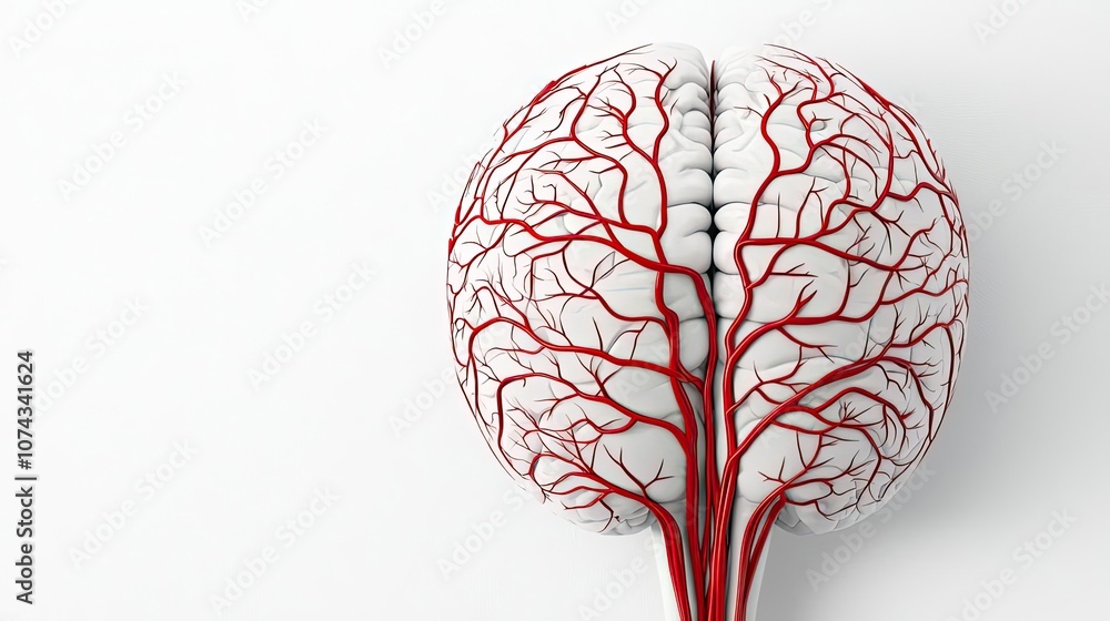 Poster digital illustration of a brain with red veins on a white isolated background.