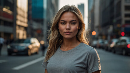 Fototapeta premium Smiling Young Woman in Casual Streetwear Walking Through Urban City Outdoors