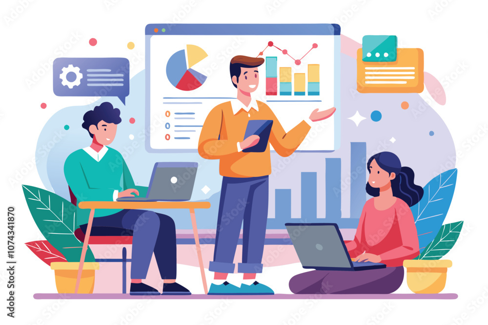 Poster a group of data analysts collaborates on a project, engaging with visual analytics and technology to