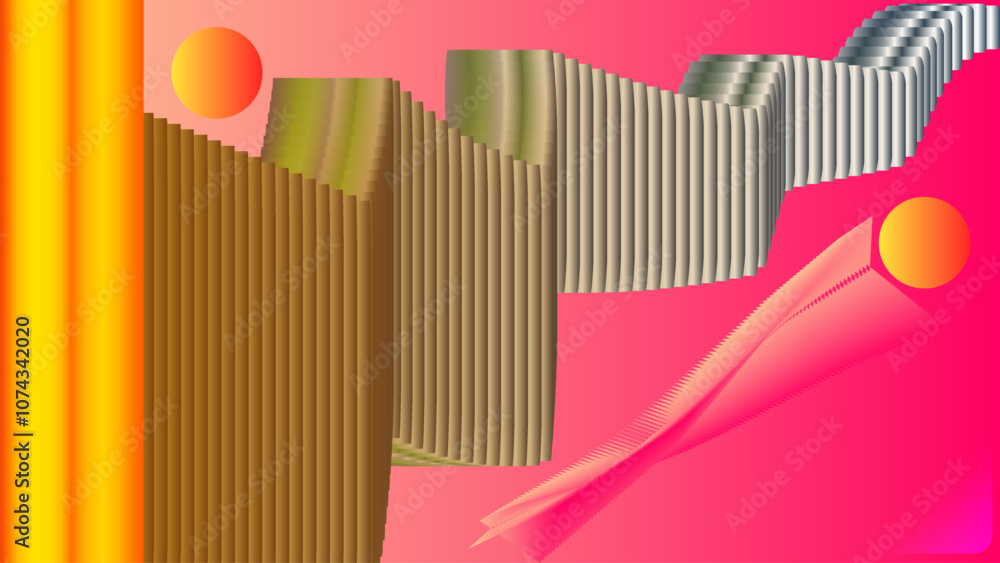 Poster abstract background with random objects in goldgen silver orange yellow and magenta