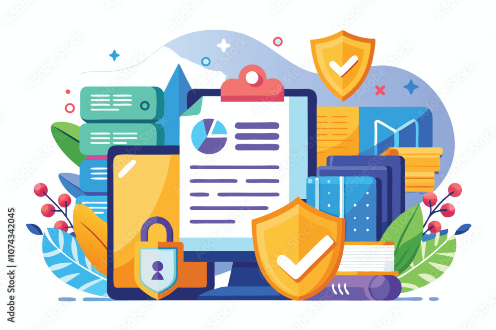 Poster this illustration showcases various elements representing enhanced document security for digital dat