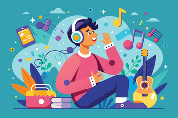 A person sits on the floor with headphones, happily enjoying music surrounded by notes and musical items, Enjoy music with a flat illustration.