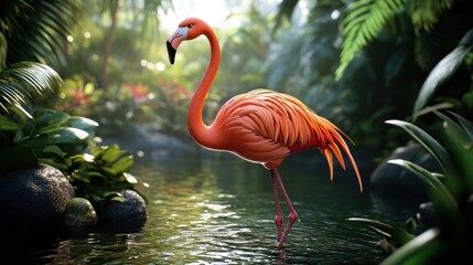 Fototapeta premium Cartoon Flamingo Standing on One Leg in Tropical Setting