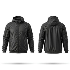 Black Blank Windbreaker Template Design – Front & Back View Showcase for Apparel Mockup, Clothing Design, Custom Lightweight Jacket, Fashion Outerwear, and Garment Template for Streetwear