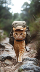 Obraz premium Adorable fat orange cat with a small hat and backpack walking on a rocky trail