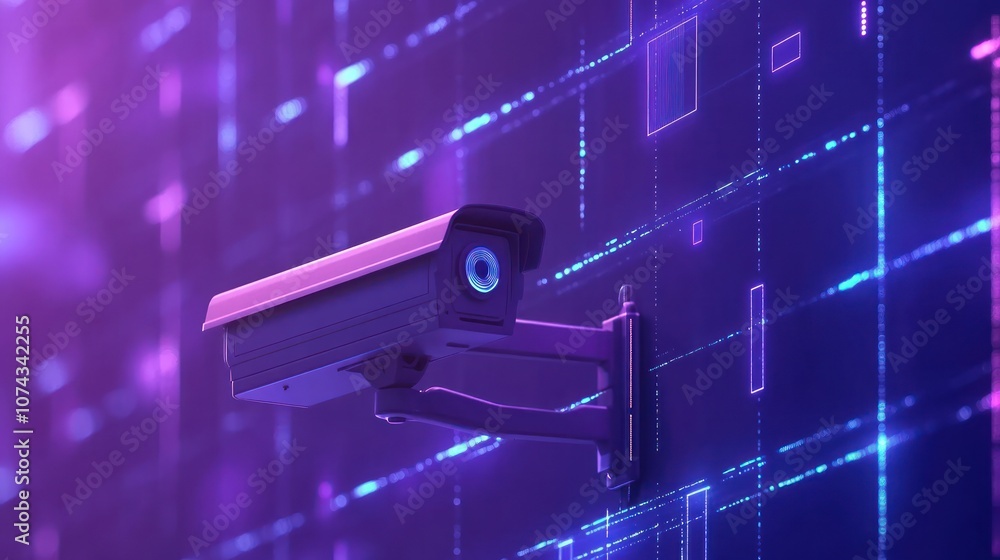 Poster a surveillance camera mounted on a digital backdrop with glowing patterns.