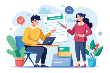 Fototapeta premium Two entrepreneurs actively engage in signing work agreements in a contemporary office environment, Entrepreneurs sign work contracts, simple illustration.