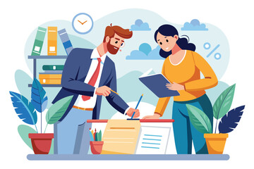 Two entrepreneurs are collaborating on work contracts in a bright and organized office environment, Entrepreneurs sign work contracts, simple illustration.