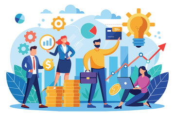 A group of entrepreneurs collaborates on stock trading strategies with financial graphs and tools, Entrepreneurs starting a stock business, simple illustration