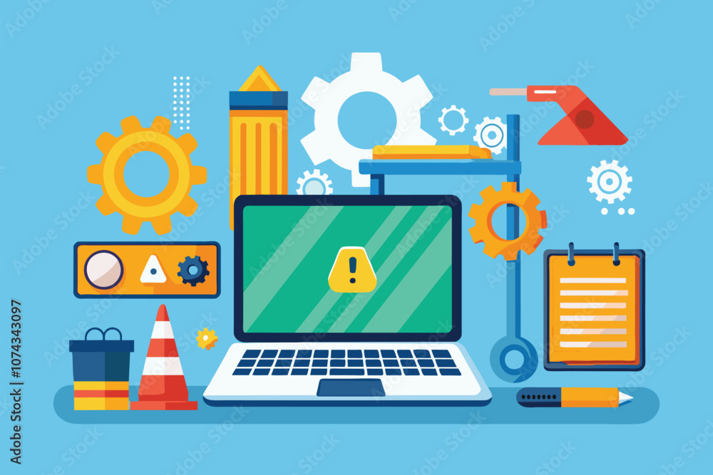 Poster a collection of tools and icons illustrating laptop troubleshooting with a central warning signal, e