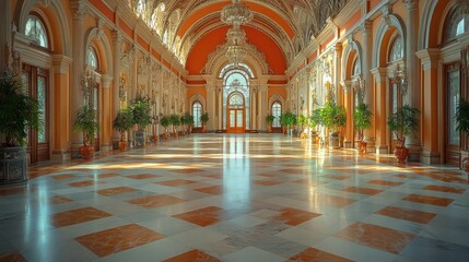 Obraz premium Sunlit grand hall with checkered marble floor, arched doorways, and potted plants.