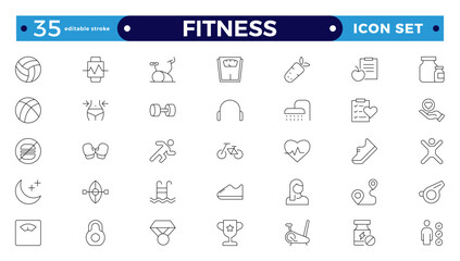 Set of line icons related to Fitness, gym. Wellness, wellbeing, mental health, healthcare, cosmetics, spa, medical. Fitness exercise workout line icons set. Editable stroke outline icon.