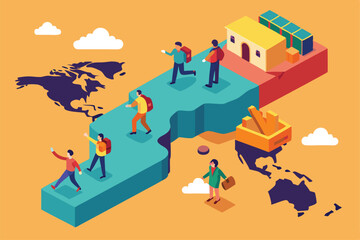 Illustration shows people crossing a colorful map, representing the journey of escaping their homeland, Escaping their country Customizable Isometric Art
