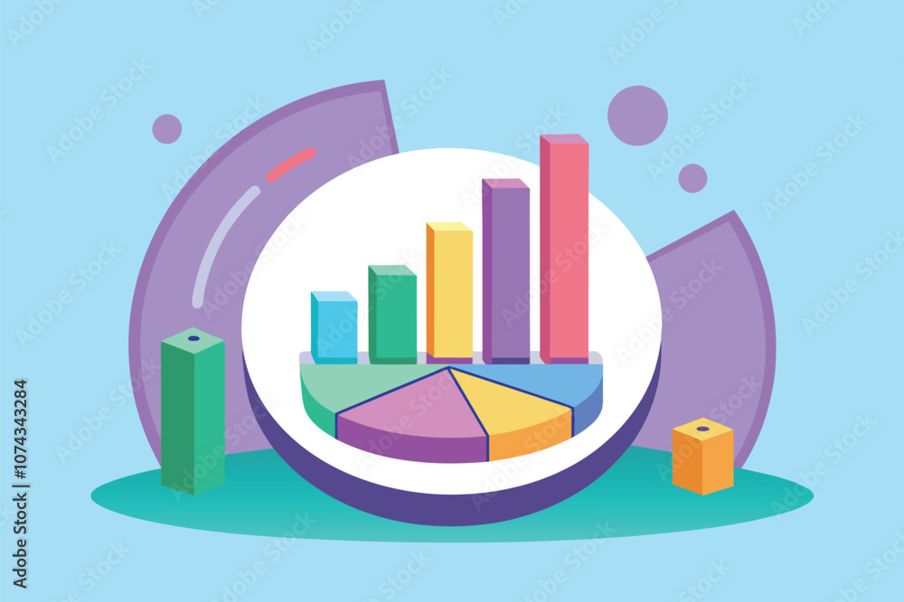 Poster a visual representation of resource usage with bar graphs and pie charts in bright colors on a paste