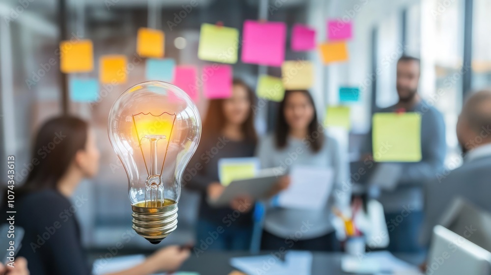 Poster a brainstorming session with a light bulb symbolizing ideas and creativity.