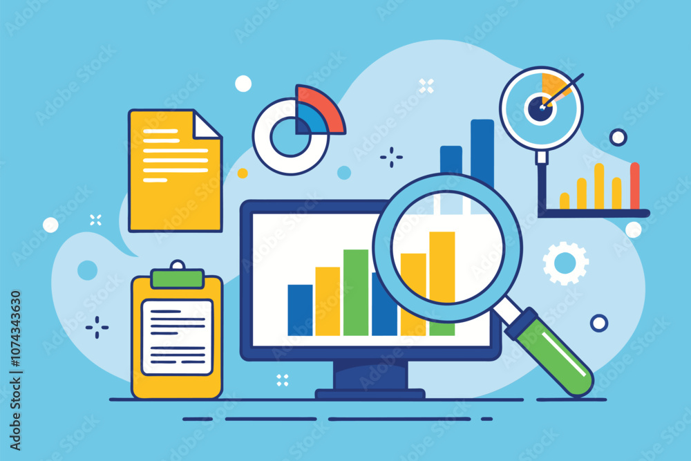 Poster a computer displays colorful charts while documents and a magnifying glass depict data analysis, exa