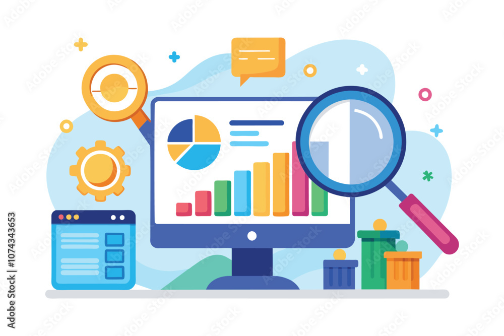 Poster a computer displays colorful charts and graphs, emphasizing visual data analysis and insights, exami
