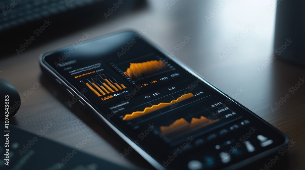 Aufkleber A smartphone displaying analytics and data visualizations on a wooden surface.