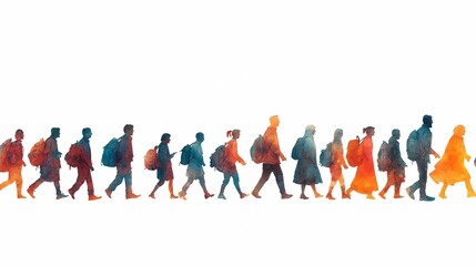 Fototapeta premium flat illustration of immigrants walking towards a place of hope