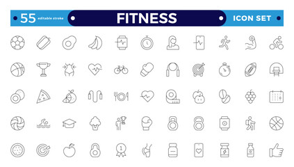 Set of line icons related to Fitness, gym. Wellness, wellbeing, mental health, healthcare, cosmetics, spa, medical. Fitness exercise workout line icons set. Editable stroke outline icon.