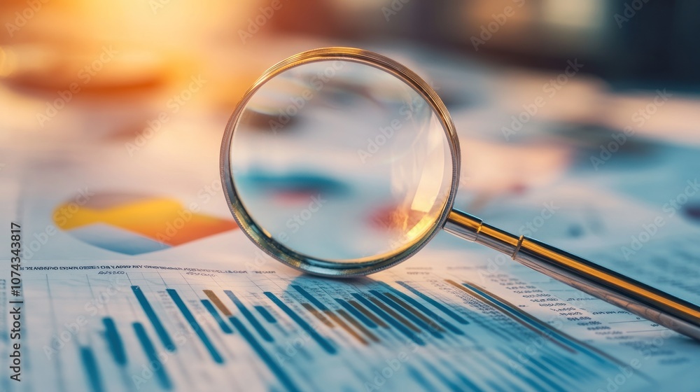 Poster a magnifying glass over financial charts and data, emphasizing analysis and scrutiny.