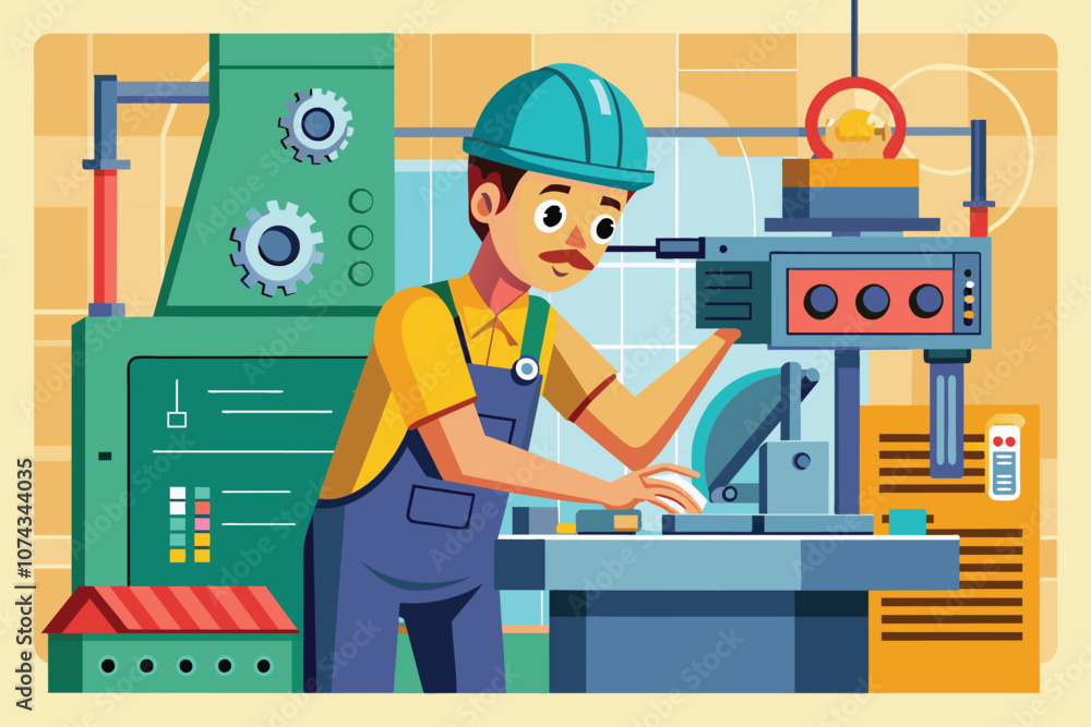 Poster a factory worker repairs machinery using tools while focused on the task in an industrial environmen