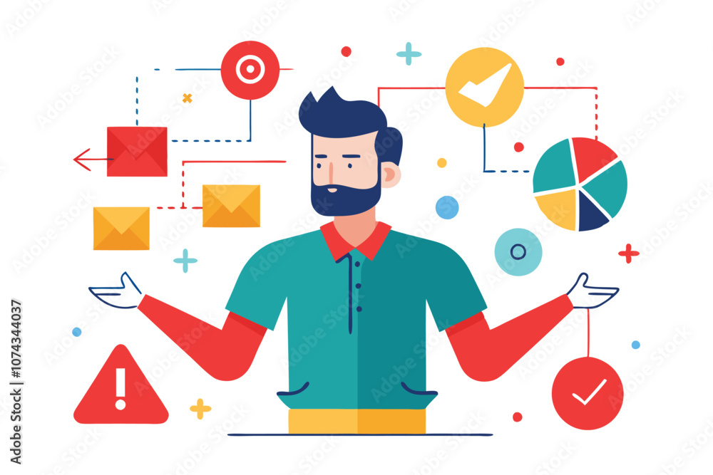 Poster a man demonstrates customizable infographics focused on project management tasks and impacts using s