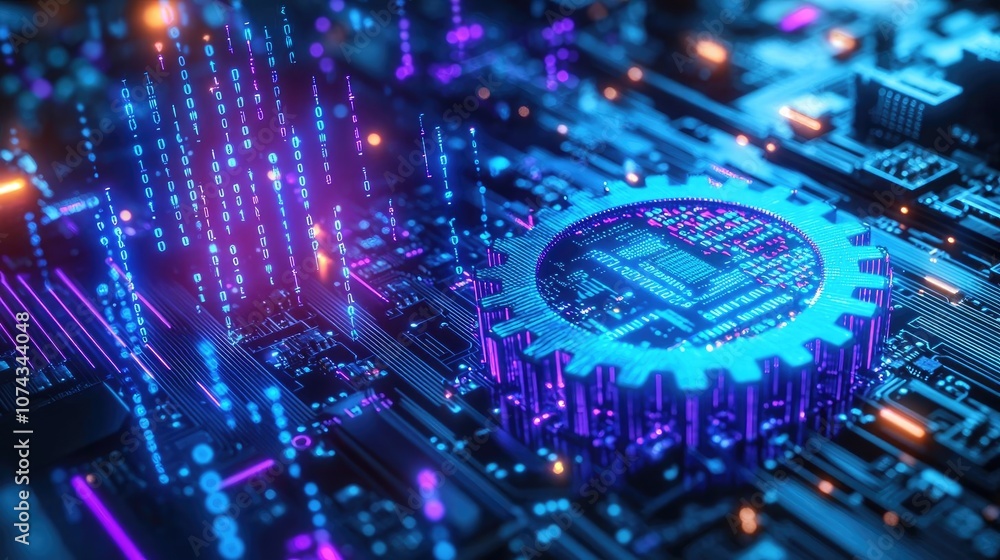 Poster futuristic circuit board with glowing elements and digital connections.